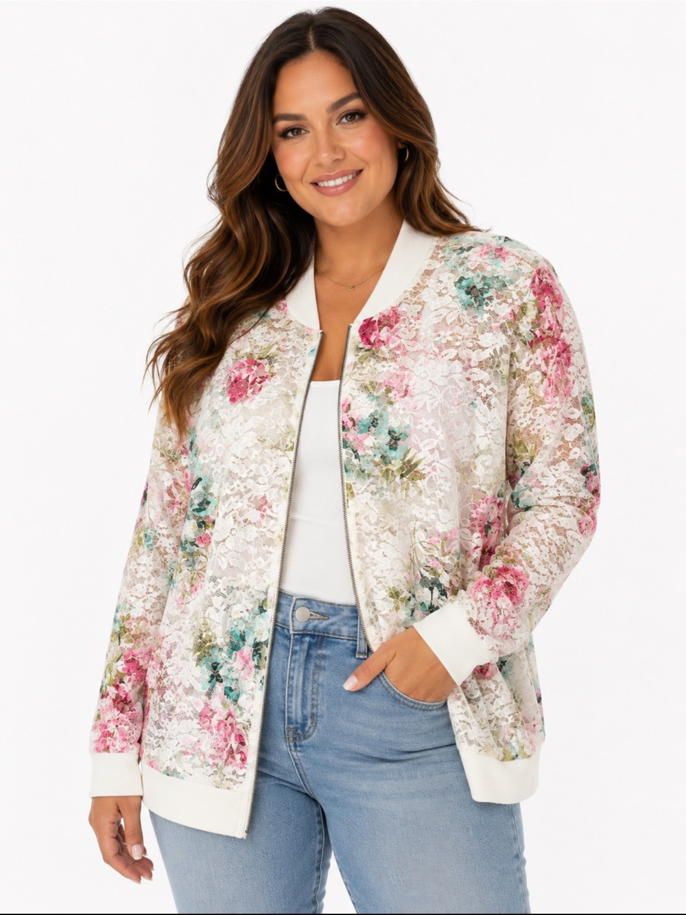 torrid White Lace Floral Bomber Jacket